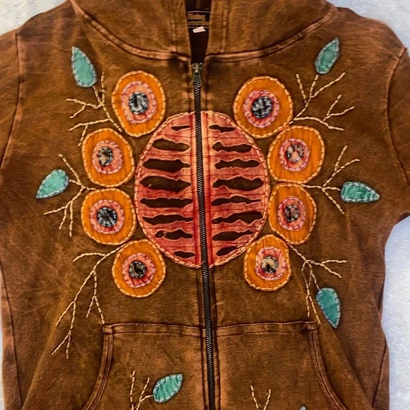 Rising International Brown Zip Up Hoodie with Colorful Tree Branch Embroidery - Picture 2 of 5